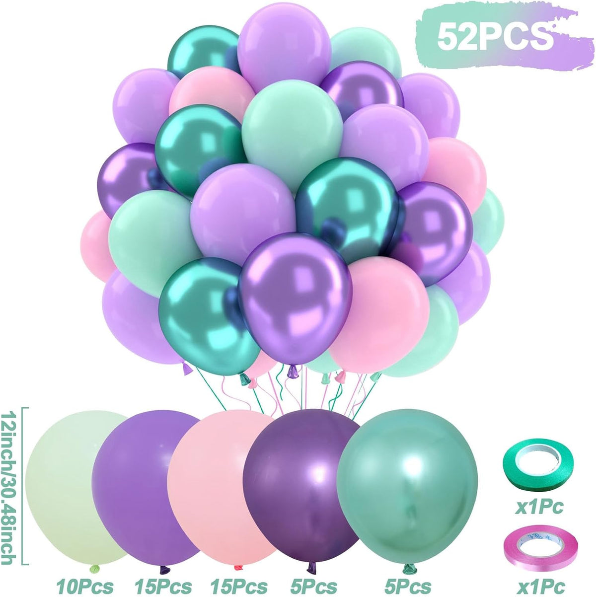 Patimate Mermaid Party Balloons Set, 50 pcs 12 inch Pastel Purple Pink Green Metallic Purple Green