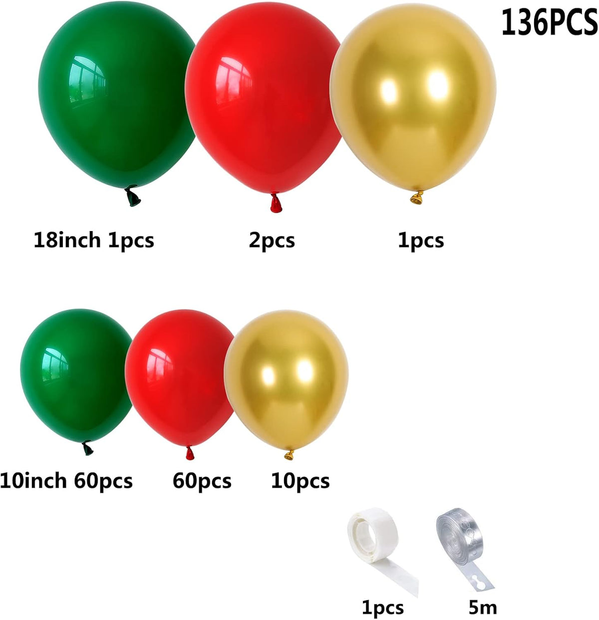 Red Green and Gold Balloon Garland Kit for Baby Shower, Wedding, Birthday, Graduation, Christmas