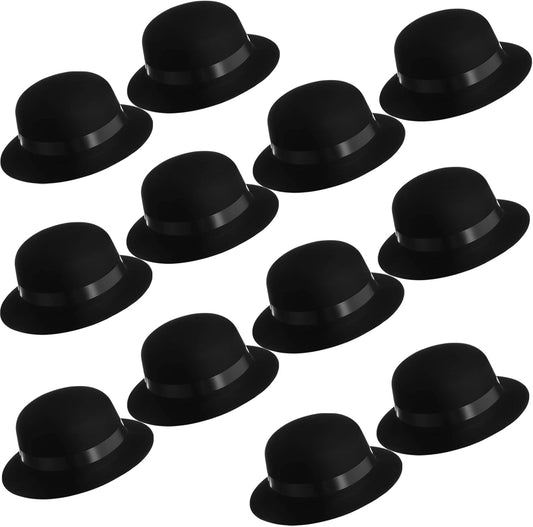 Jiuguva 12 Pieces Black Bowler Derby Hats Bulk 1920s Party Supplies, Plastic Bowler Cap, 1920s