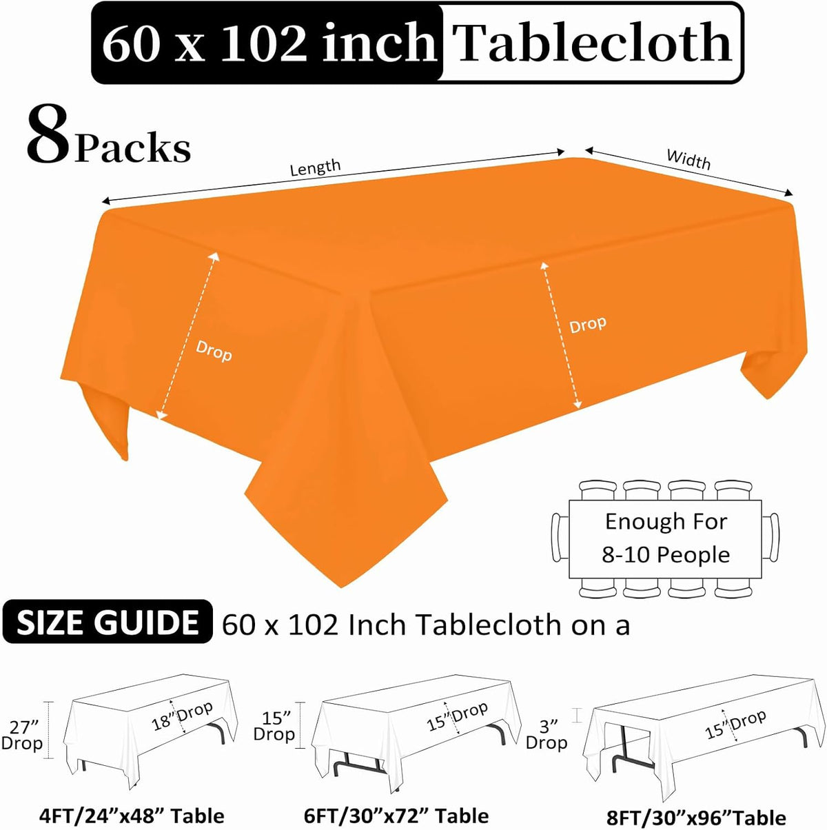 8 Pack Orange Tablecloth 60 x 102 Inch Rectangular Tablecloths for 6 Foot Rectangle Tables, Wrinkle