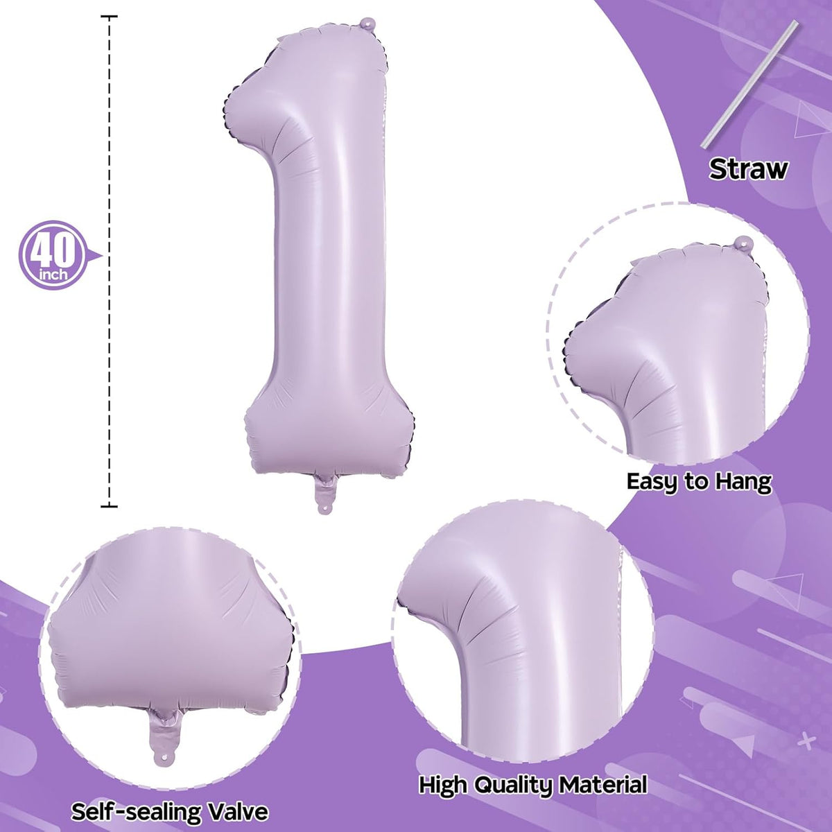 40 Inch Light Purple Number 1 Balloon for 1st Birthday Decoration, Large Pastel Purple Mylar Foil
