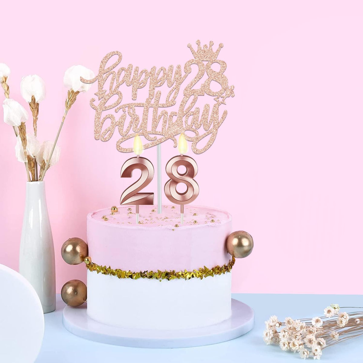 28th Birthday Decorations for Women with Birthday Sash and Tiara, Candles and Cake Topper, Gifts