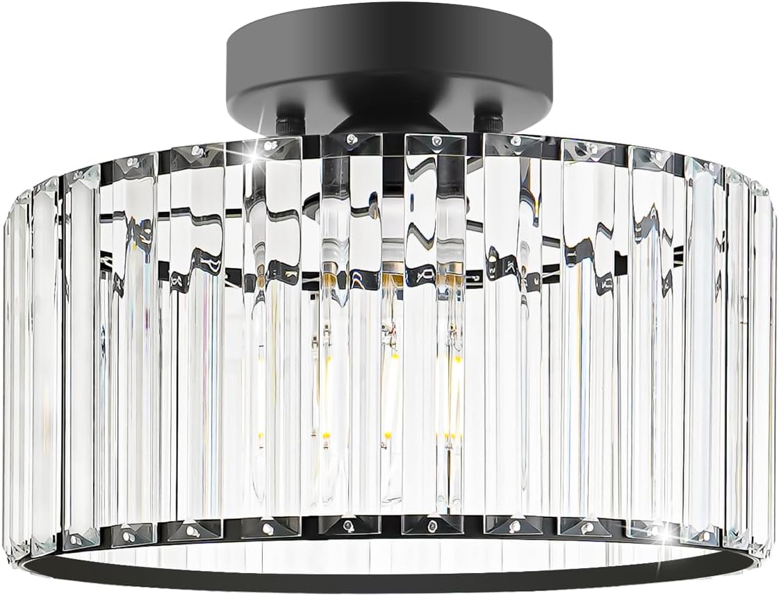 Crystal Ceiling Light Fixture, Modern Semi Flush Mount Ceiling Light, Black Close To Ceiling Light