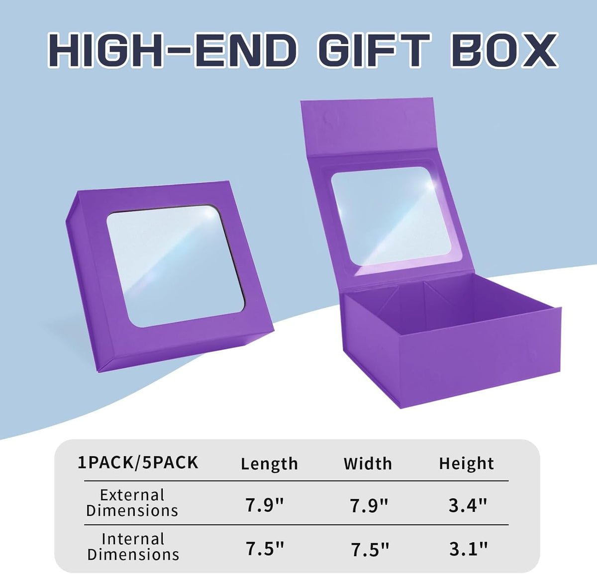 TIACABO Purple Gift Box with Window,7.5"x7.5"x3.1" Bridesmaid Boxe for Gifts Giving,Birthday Gift