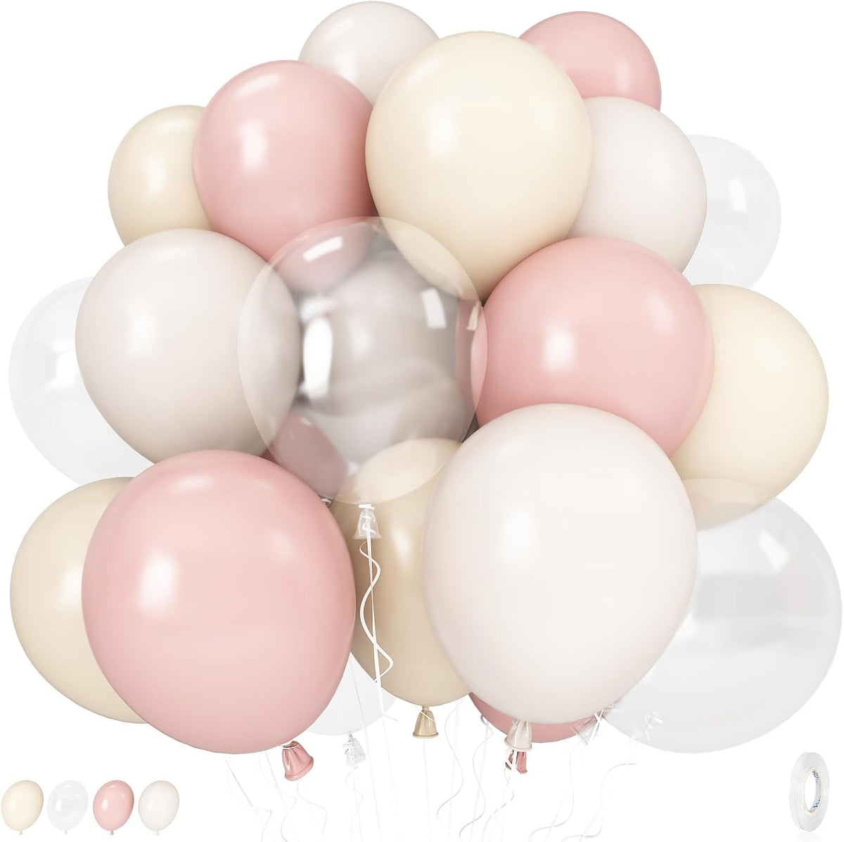 Pastel Pink and White Balloons, 12 Inch 35PCS Light Baby Pink Beige Cream White with Clear Latex