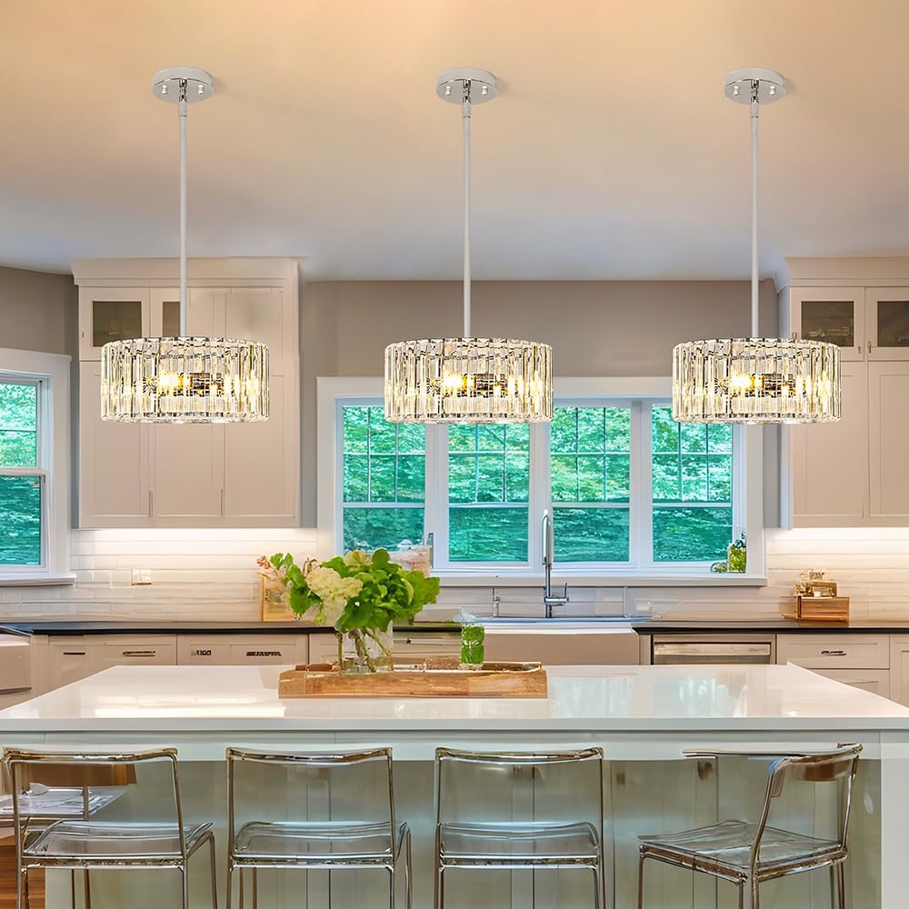 Modern Crystal Chandelier for Dining Room, Chrome Semi Flush Mount Ceiling Light Fixtures, Round