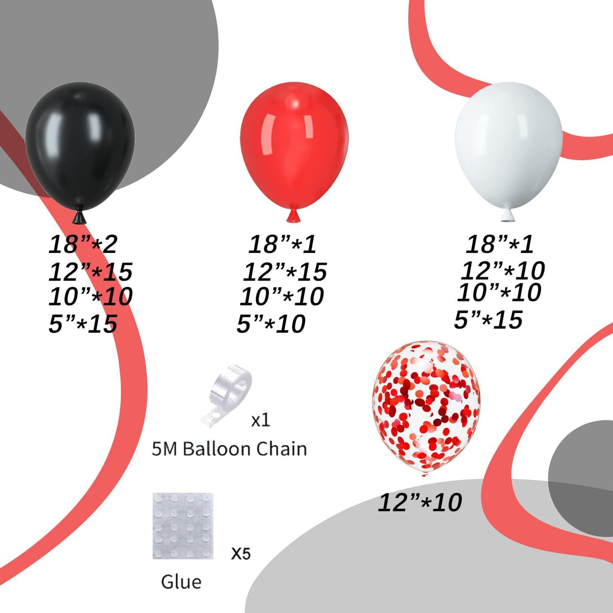 Red White Black Balloons Arch Kit, 124pcs Black White Red Confetti Balloons with 16ft Tape Strip &