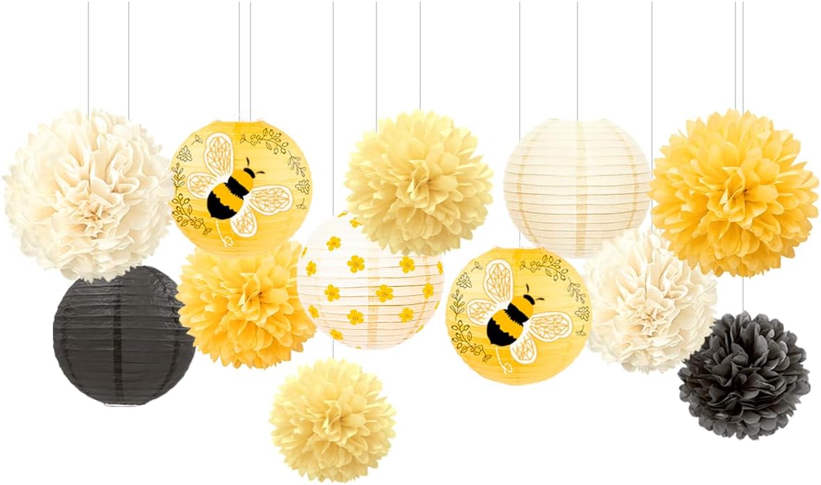 NICROLANDEE Bee Party Decorations, 12PCS Yellow Hanging Paper Lanterns Tissue Pom Poms Decor for