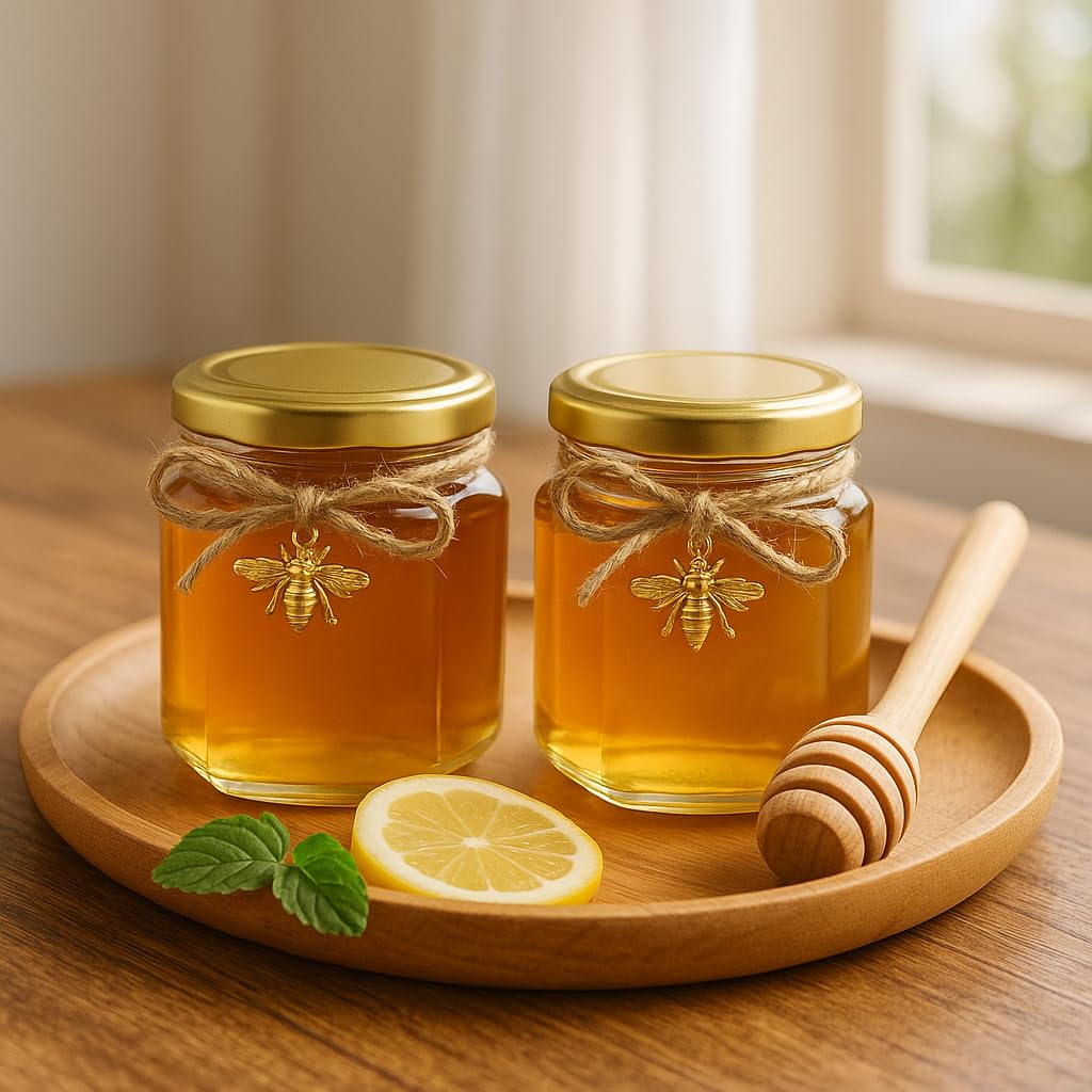 50 Pack 1.5 oz Hexagonal Honey Jars for Honey with Wooden Dipper bee Charms Thank You Cards Burlap