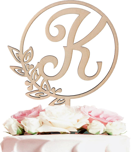 LINGTEER Personalized Inital Letter K Wooden Cake Topper Perfect for Birthday Rustic Wedding