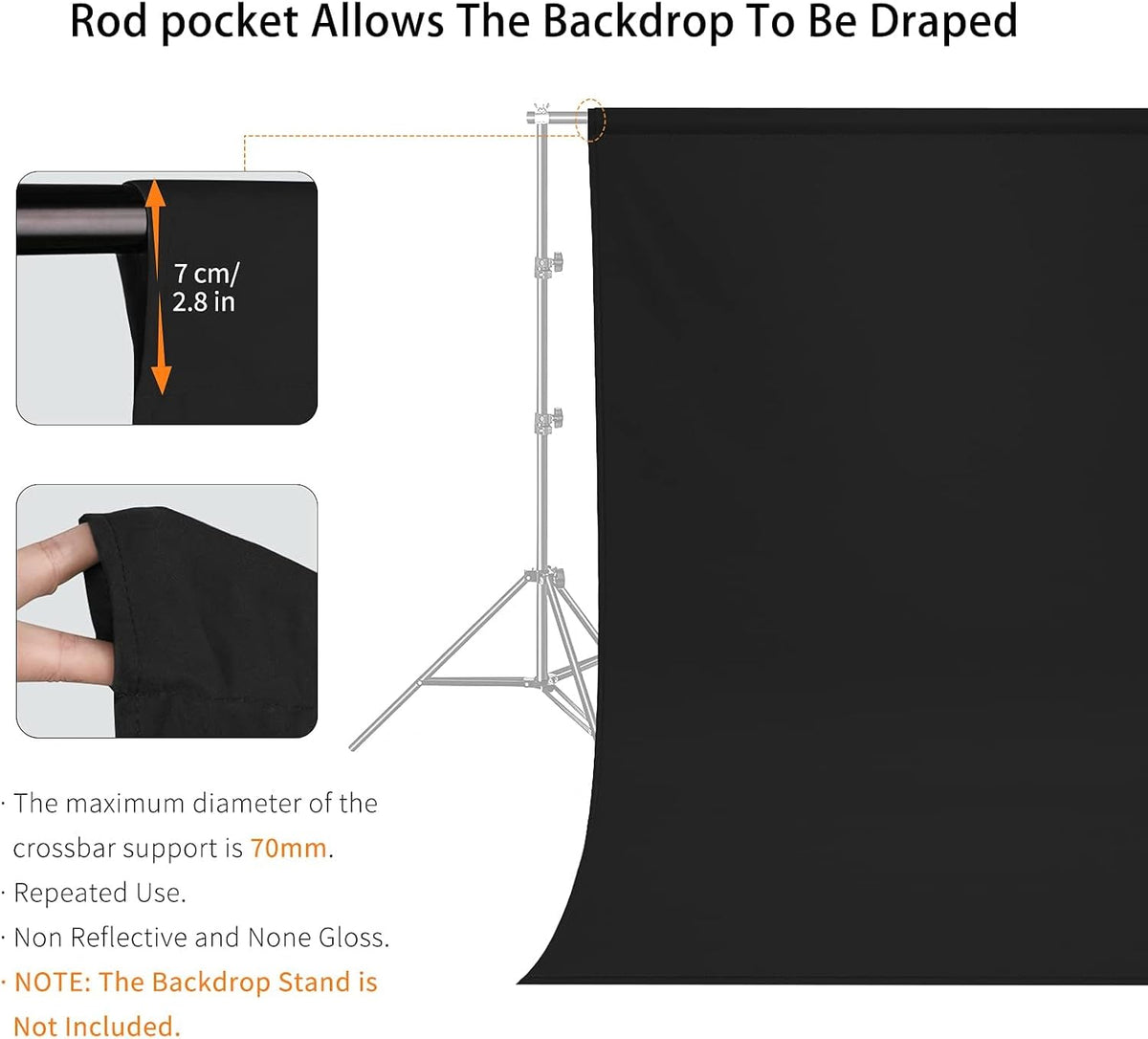 8X10 FT Black Backdrop, 100% Polyester Photography Background Curtain Screen, Foldable Black Screen