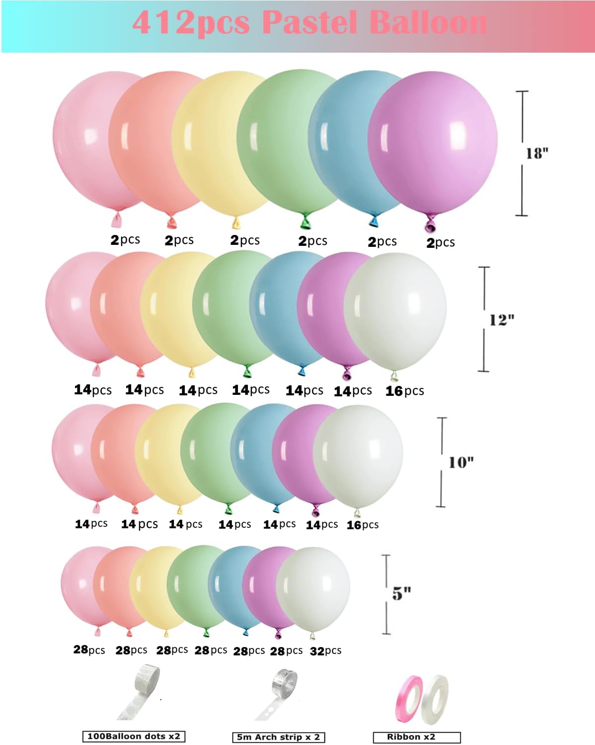 412pcs Pastel Balloon Garland Arch Kit 18 12 10 5 Inch Different Sizes Macaron Assorted Colors