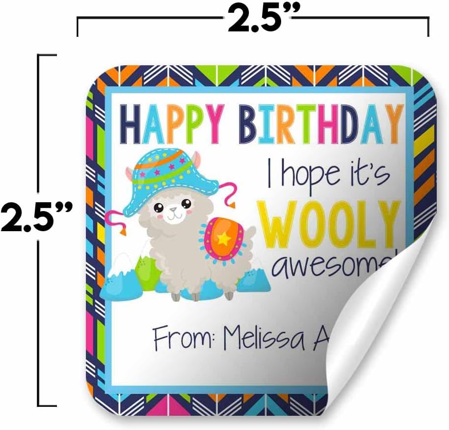 Custom & Personalized Wooly Awesome Alpaca Happy Birthday Gift Tag Sticker Labels, 24 2.5" Square