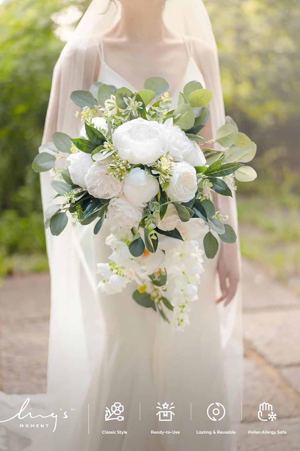 Ling's moment White Bridal Bouquet Cascading, White Wedding Bouquets for Bride, 13 Inch Ivory Bride