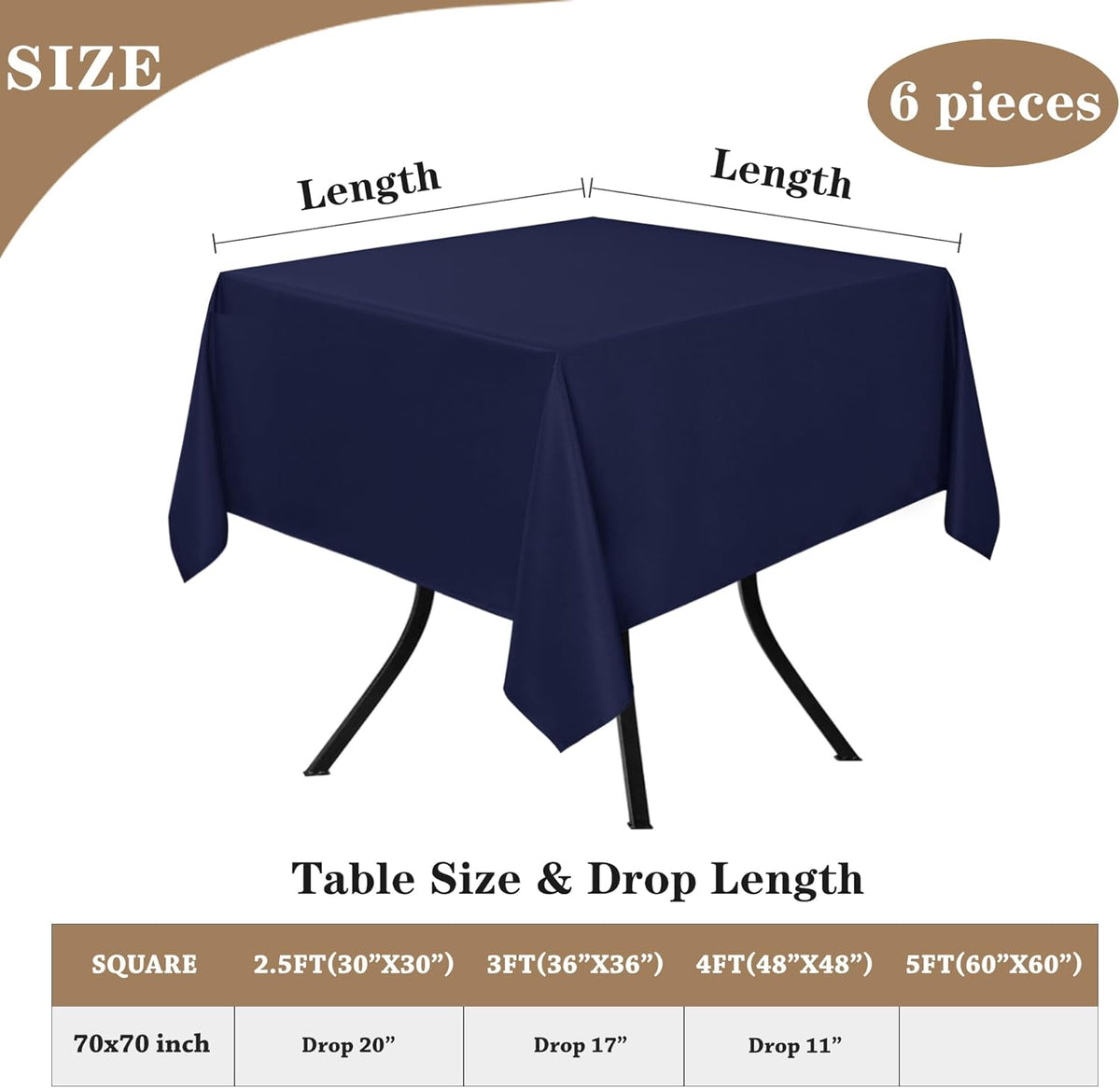 Fitable 6 Pack Square Tablecloths - 70 x 70 Inches - Stain Resistant and Reusable Table Clothes