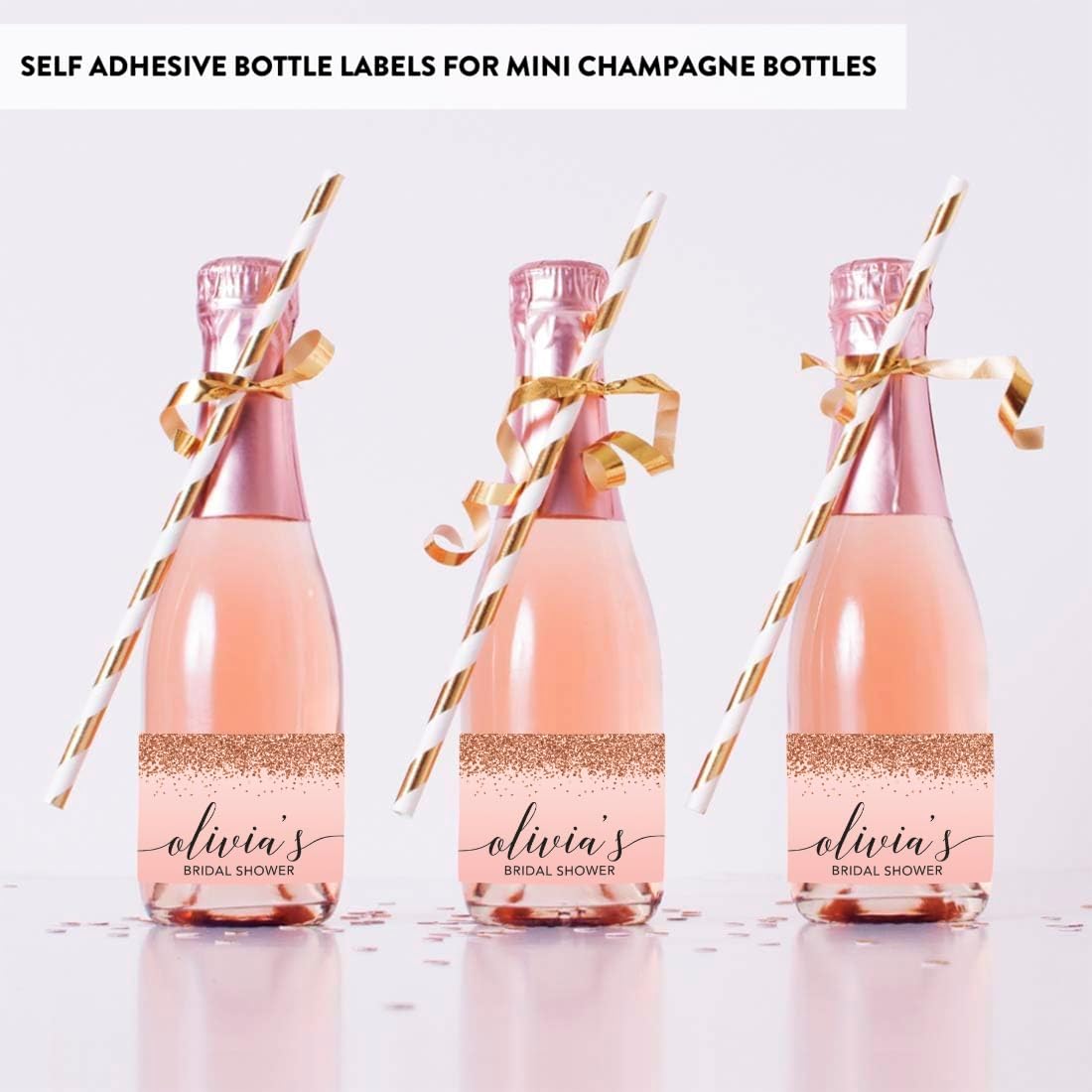 Andaz Press Personalized Mini Wine Bottle Labels, Bridal Shower, Blush Pink Faux Rose Gold Glitter