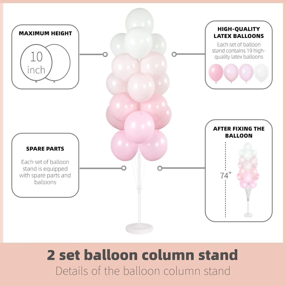 Balloon Column Kit Set of 2 With Baby Pink Chrome Balloons Included - with Base,Pole,Balloon Tower