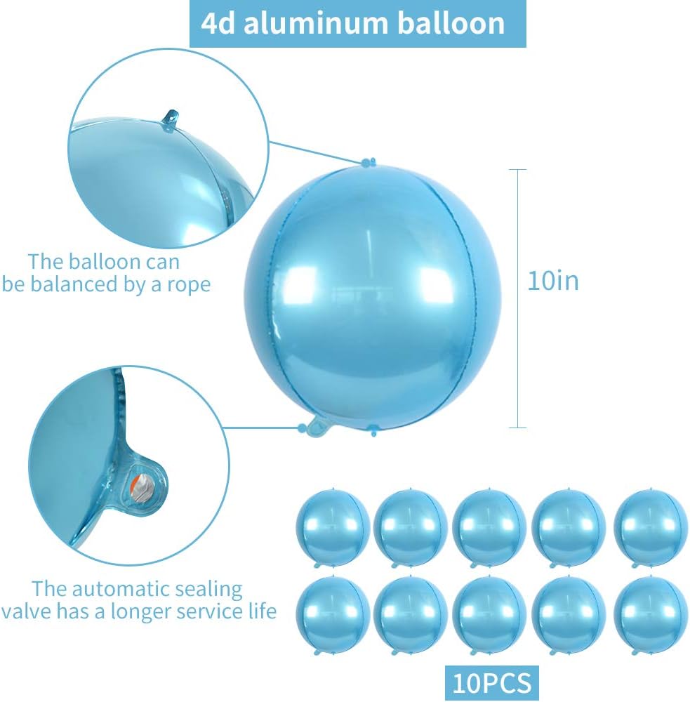 10 pcs Light Blue 4D balloon, 10 inch Foil Mylar Sphere Balloon for Birthday