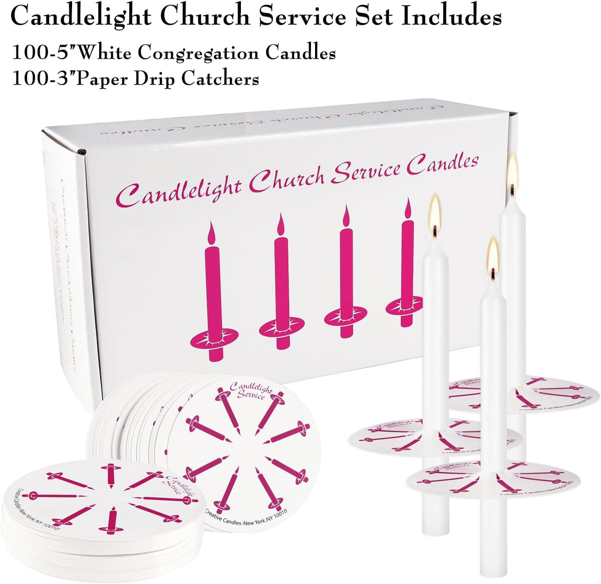 100 White Odorless Taper Candles - Handheld with Drip Protection, 5 Inches - Church & Sabbath