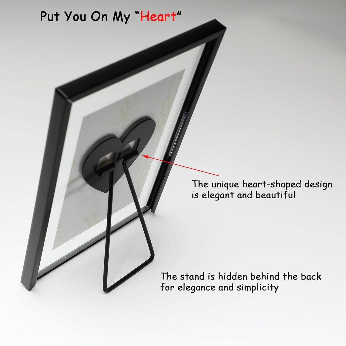 Black Floating Frame (5"x7",Vertical) with Romantic Heart, For Picture Sizes 4x6,3x5, 2x3, Tabletop
