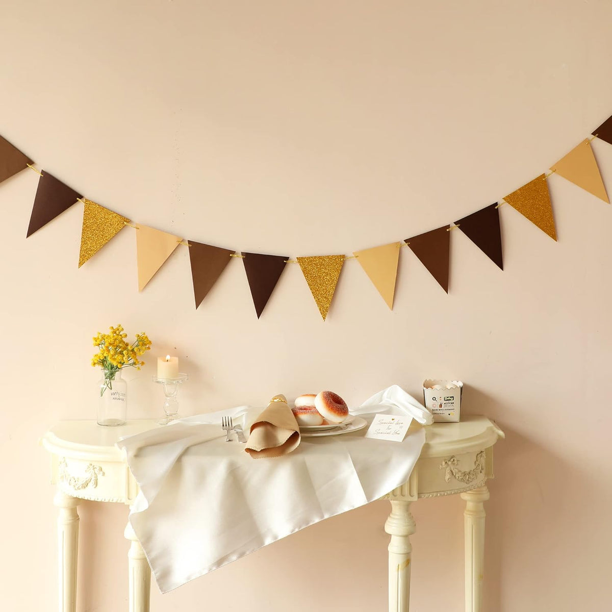 Fonder Mols Paper Pennant Party Decorations Coffee Brown Gold(10 Feet), Triangle Flags Bunting for