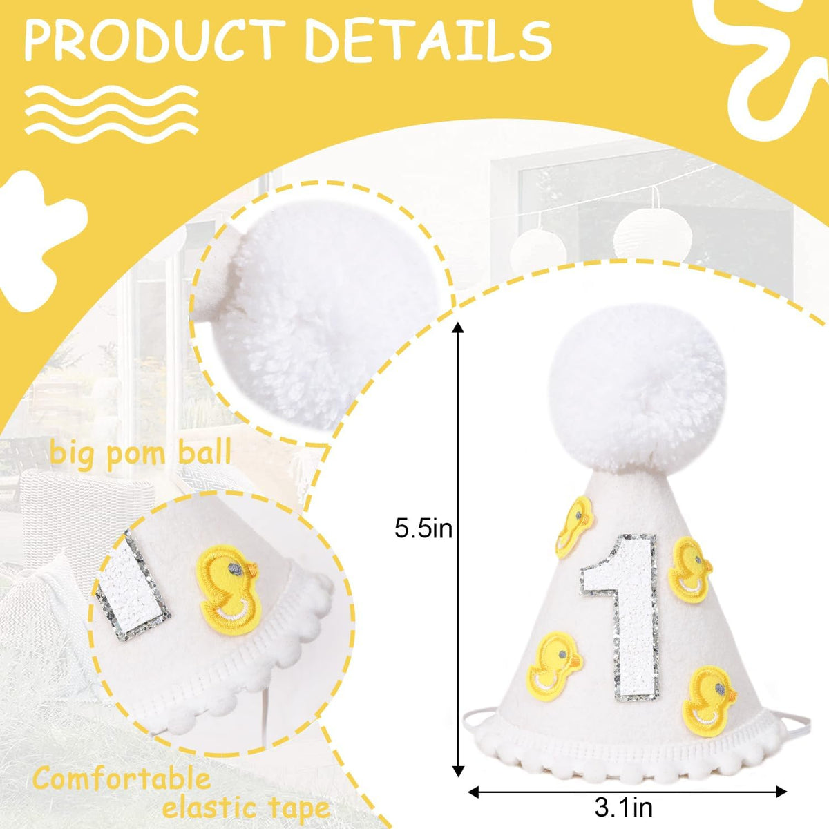 Little Yellow Duck 1st Birthday Party Hat - Duck Themed Cake Smash Decor, Yellow & White Cone Hat