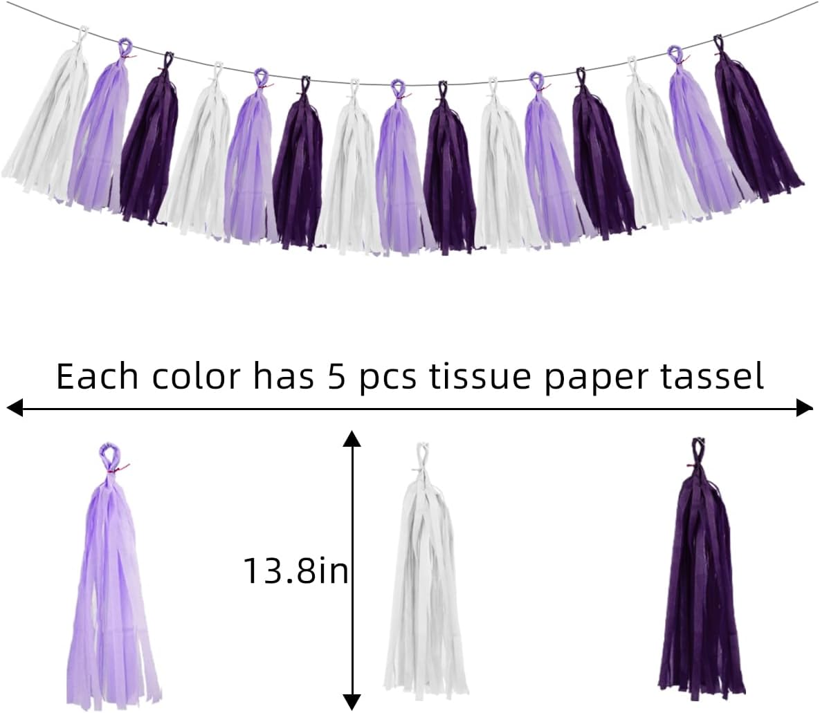White Purple Party Decorations - 15Pcs Tissue Paper Tassel Garland Birthday Decorations Valentines