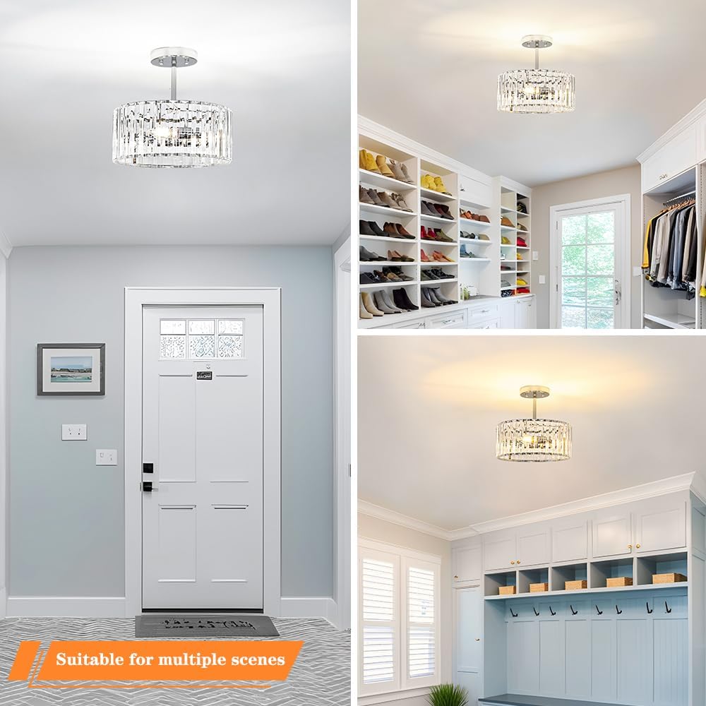 Modern Crystal Ceiling Light, Chrome Semi Flush Mount Ceiling Lighting Fixture, Hallway Light