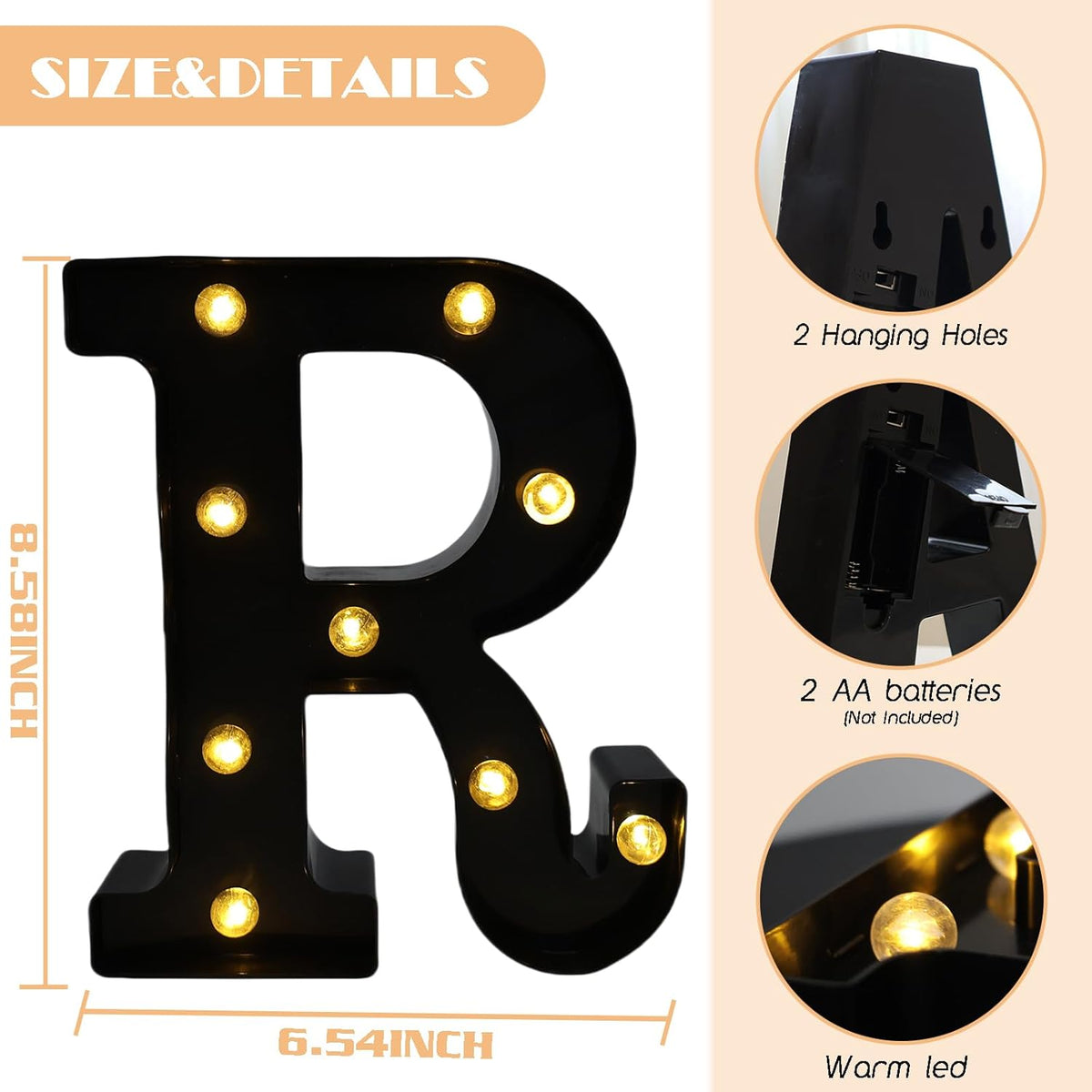 Led Marquee Letters, 8.58 Inch Black Light Up Letters, Small Led Letter Lights, Battery Powered