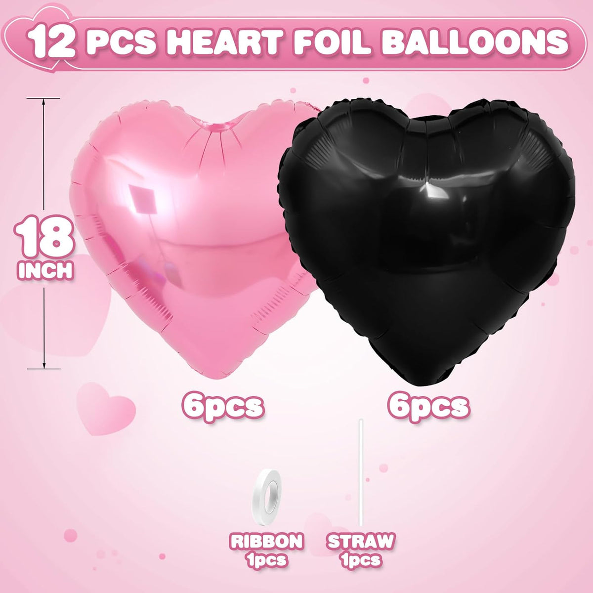 Pink Black Heart Balloons,12Pcs Light Pink Heart Shaped Foil Balloons,18Inch Black Pearl Pink