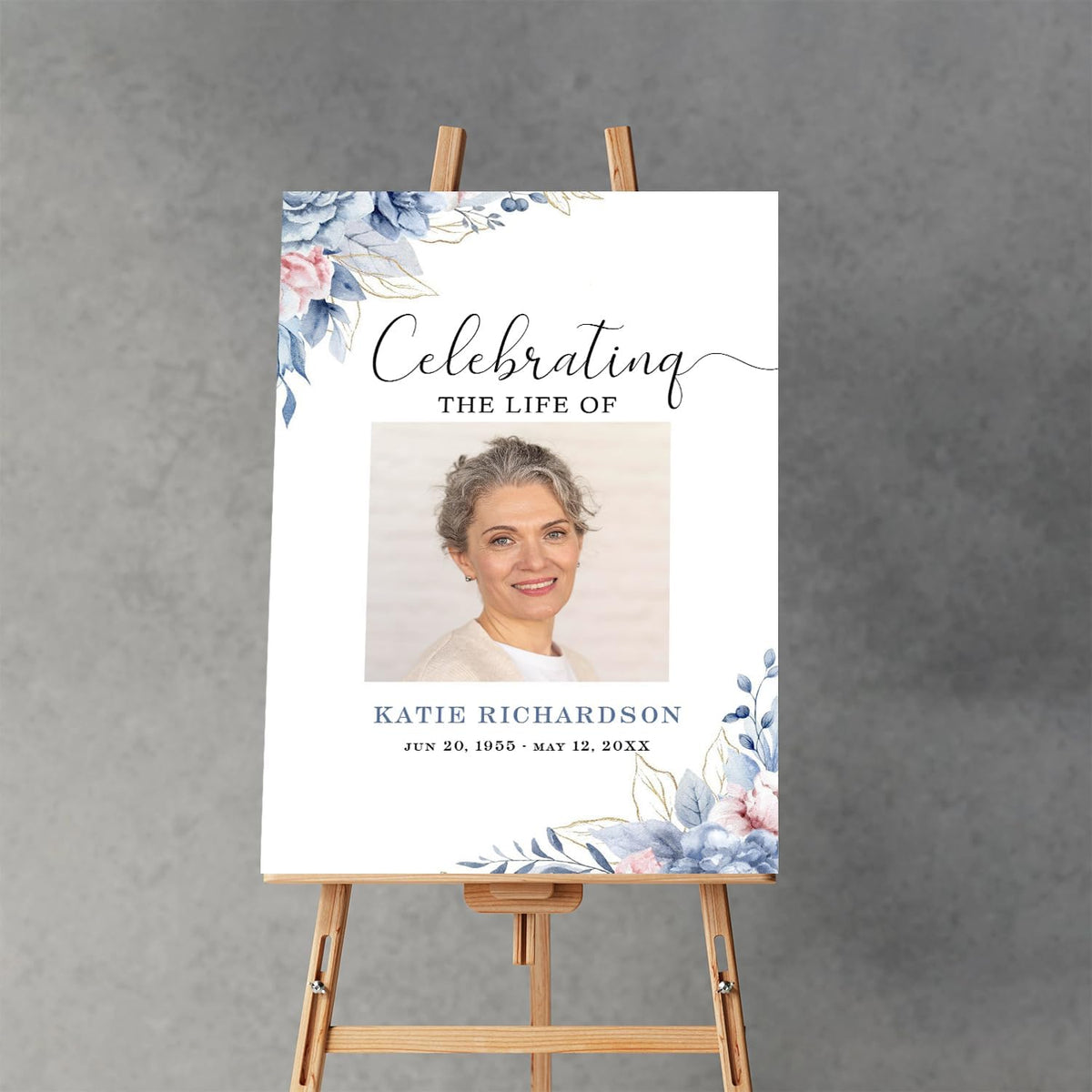 Blue Roses Memorial Sign Navy Blue Funeral Welcome Sign for Women Blue Flowers Female Memorial Sign