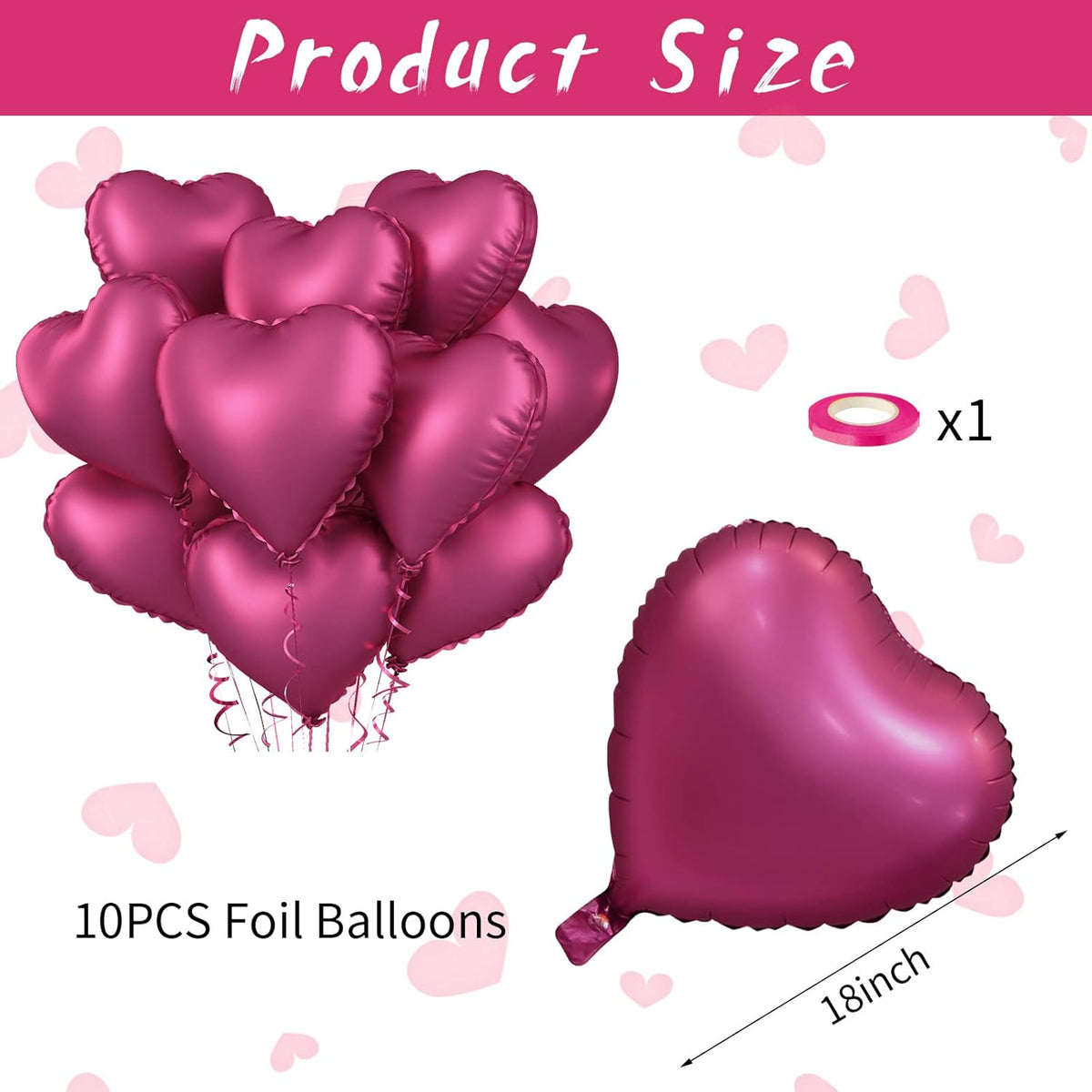 Biapian Foil Heart Balloons, 10PCS Pink Heart Shape Balloons Valentines Balloons 18inch Rose Red
