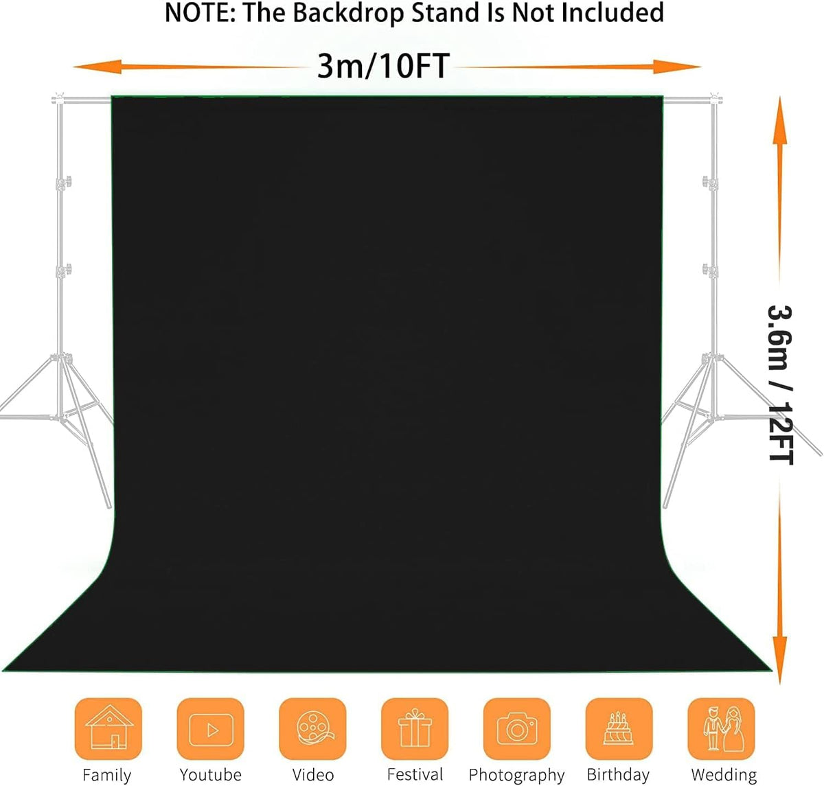 12x10 FT Black Backdrop Background, 100% Polyester Photography Backdrop Screen Foldable Washable