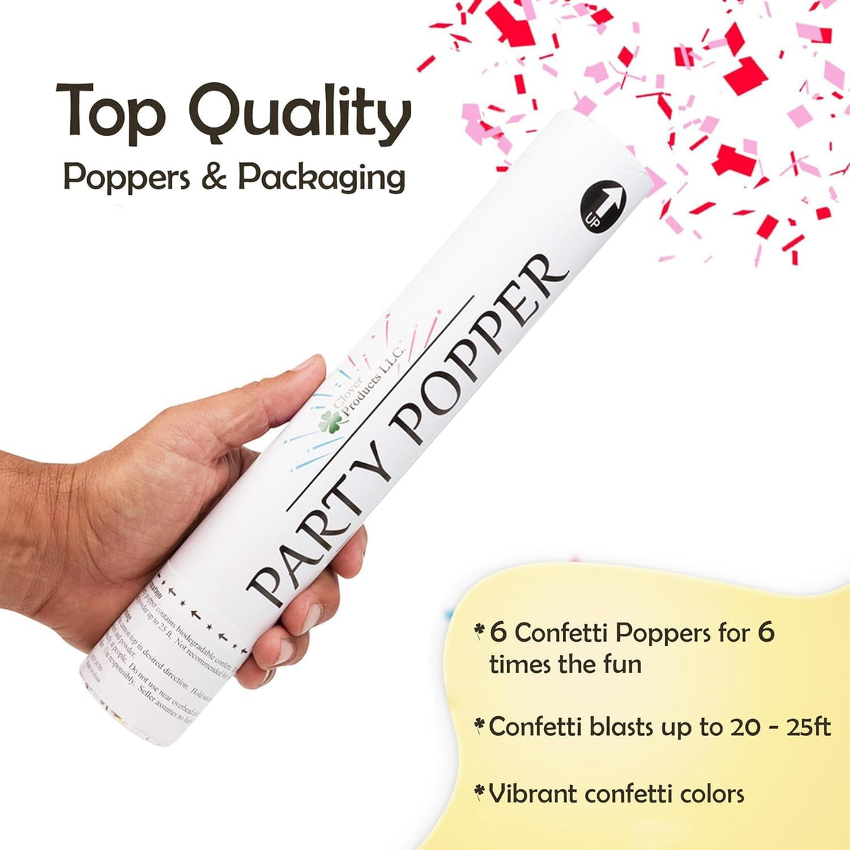 Clover Products 12" Biodegradable Confetti Cannons | 6 Pack | Red & Pink Poppers for Weddings