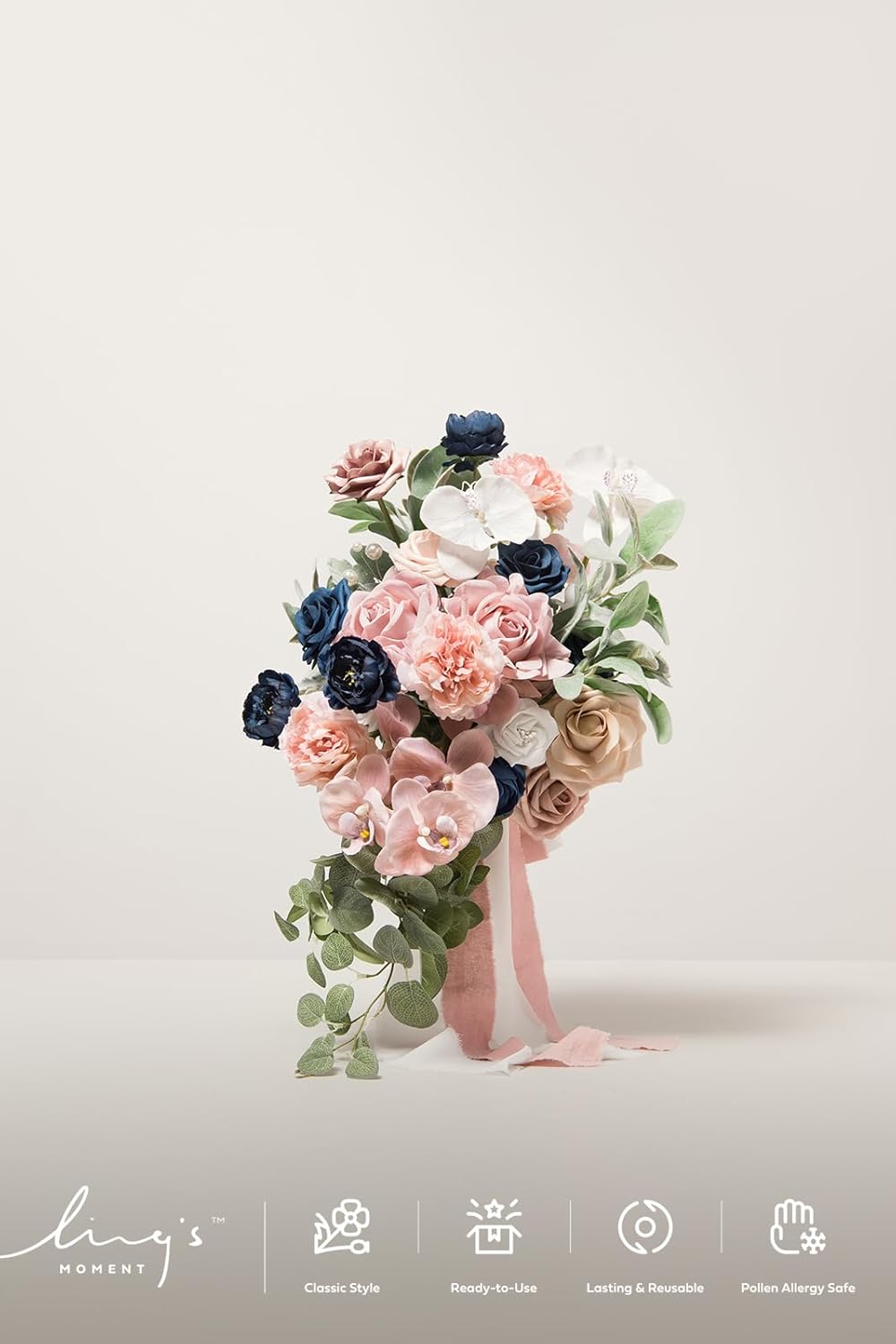 Ling's moment Dusty Rose Navy Blue Bridal Bouquet Cascading, Pink and Blue Wedding Bouquets for
