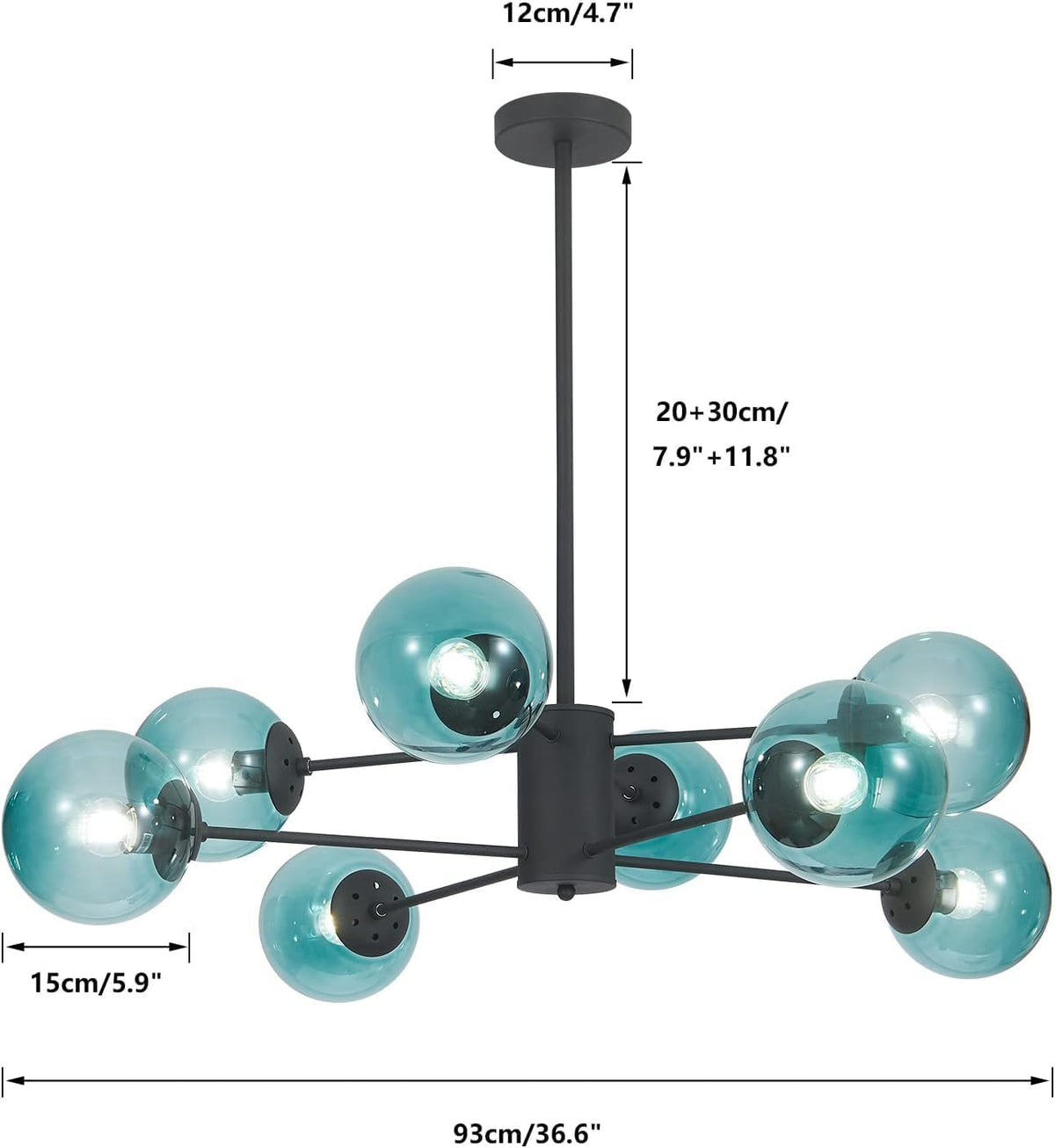 KCO Lighting Modern 8-Lights Blue Glass Sputnik Chandelier Mid-Century Matte Black Globe Flush