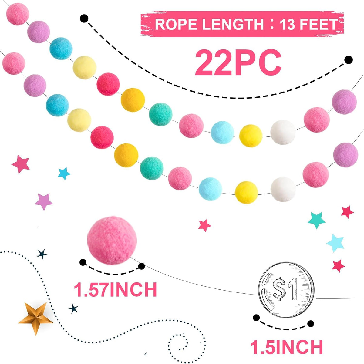 TBD Decor 2pk Pom Pom Garland Easter Decorations 13FT Colorful Large Felt Ball Spring Garland