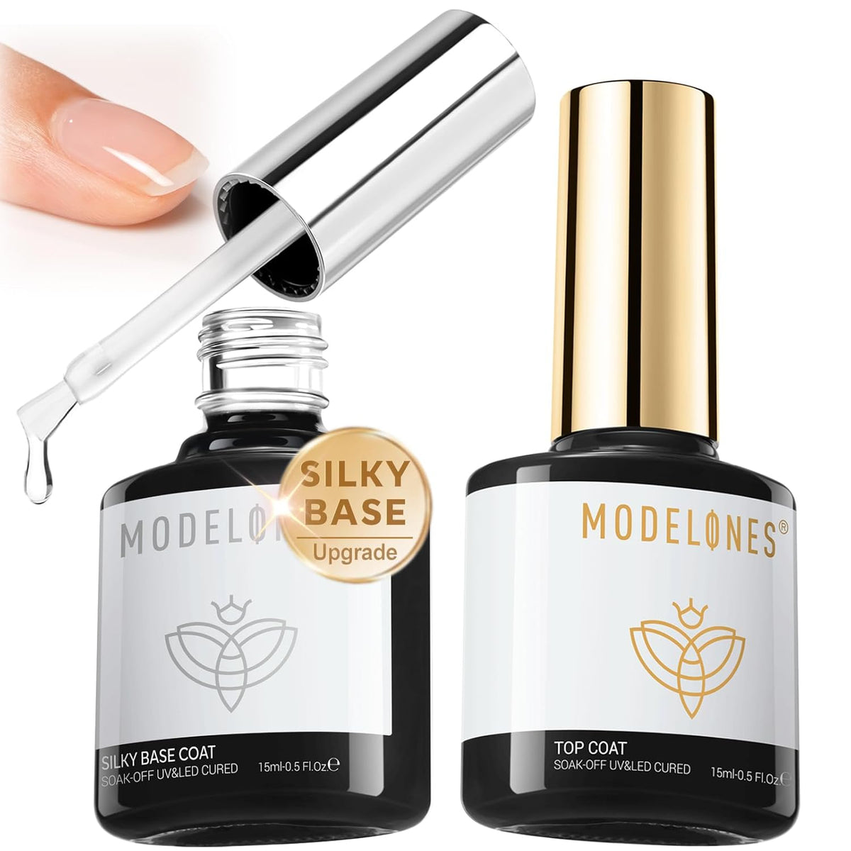 Modelones Gel Top Coat and Upgrade Silky Base, 2 Pcs 15ml Base and Top Coat Set Clear No Wipe