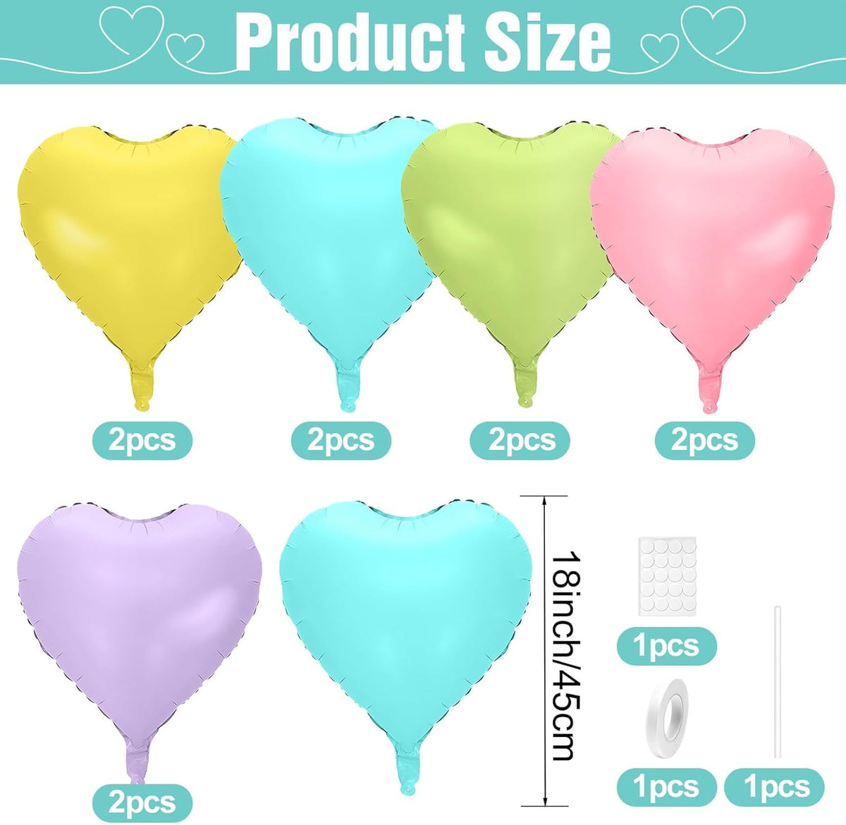 Pastel Colorful Heart Balloons,10Pcs Rainbow Foil Heart Shaped Balloons,18Inch Pink Blue Yellow