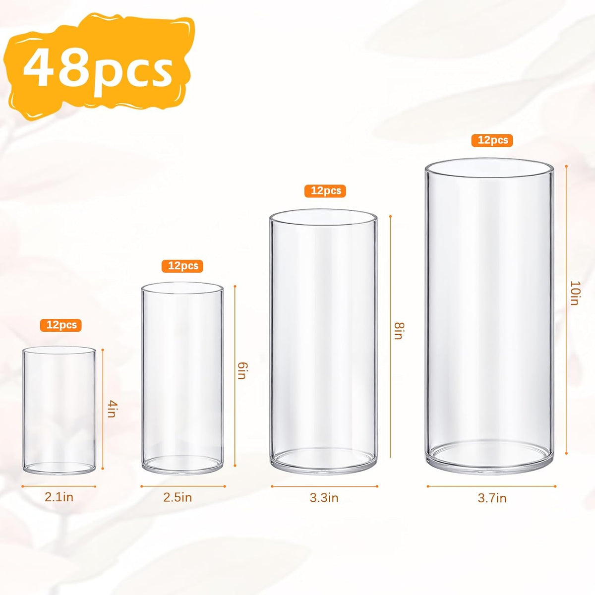 4 Pack Glass Cylinder Vases 4,6,8,10 Inch Tall Clear Flower Vase Hurricane Floating Candle Holder