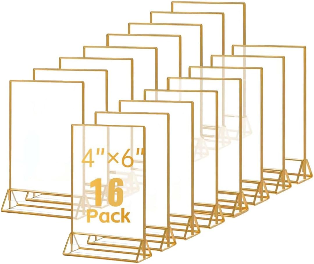 16 Pack Gold Acrylic Sign Holder, 4x6 Inch Picture Frames Wedding Double Sided Display Clear Sign