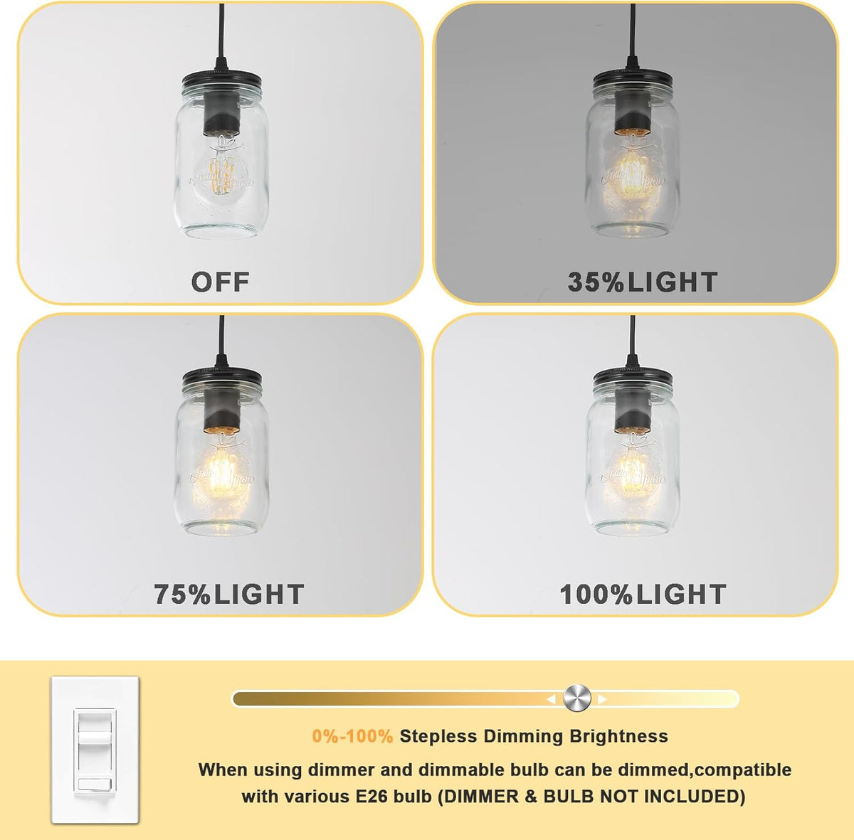 Black Pendant Lights, 2 Pack Clear Glass Pendant Lights Kitchen Island, Farmhouse Mason Jar Pendant