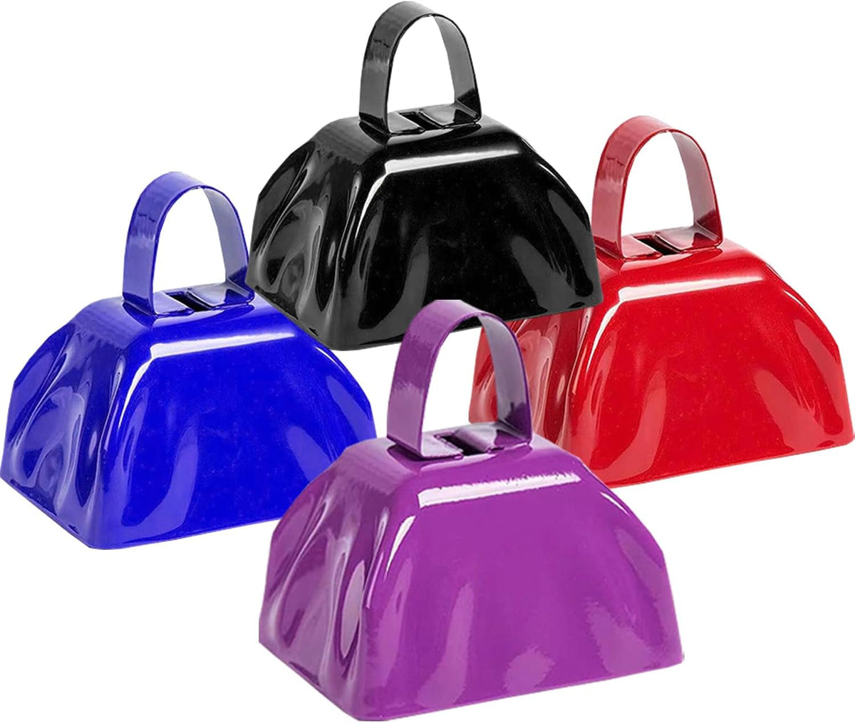 Metal Cow Bell Noise Maker - 3 Inch Pack of 4 - Small Loud Metal Cowbell Noisemaker with Handle