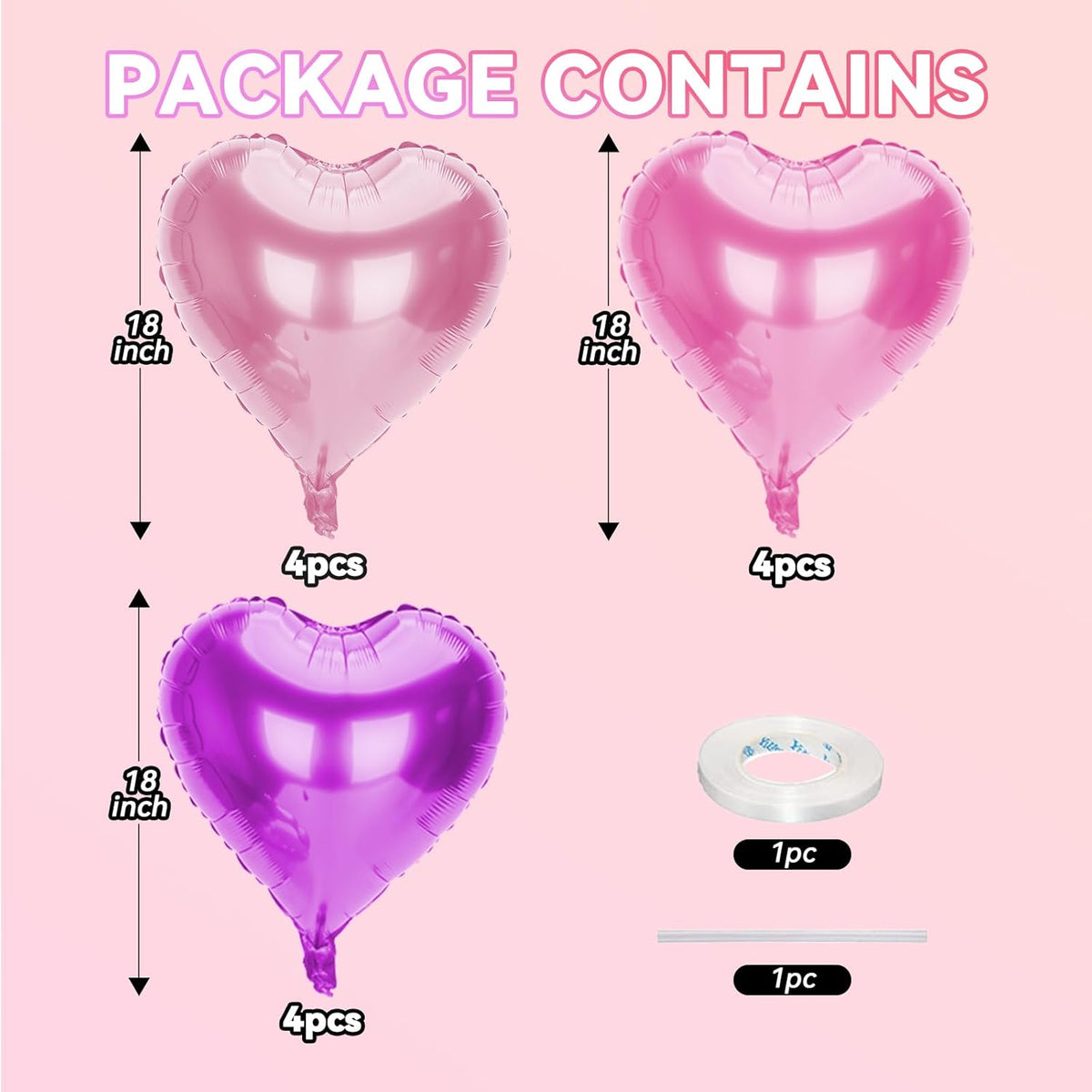 12 Pcs Heart Balloons, 18 inch Pink Purple Heart Shaped Balloon, Big Helium Foil Hot Pink Purple