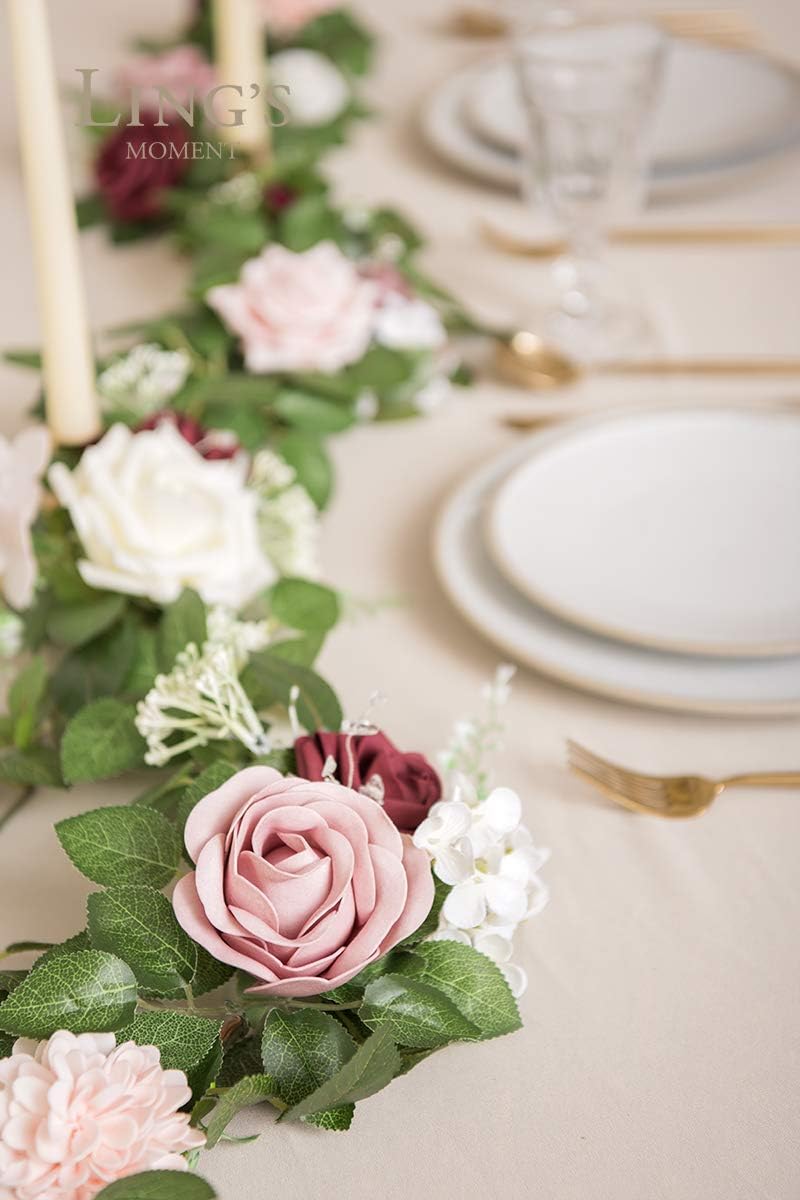 Ling's moment 5FT Dusty Rose Artificial Flower Garland Blush Rose Leaves Floral Garland Arch