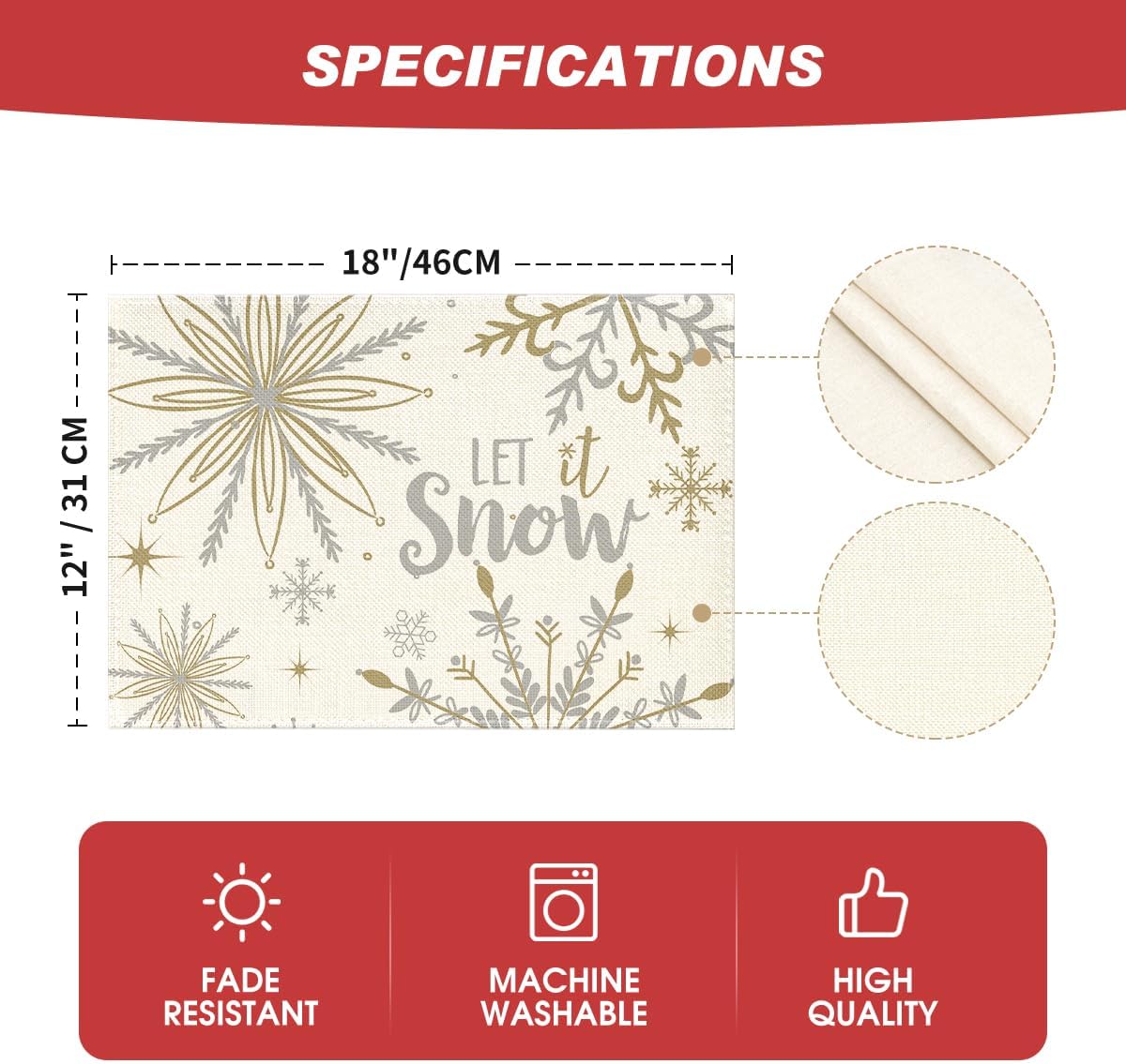 Artoid Mode Beige Snowflake Let It Snow Winter Placemats Set of 8, 12x18 Inch Seasonal Christmas