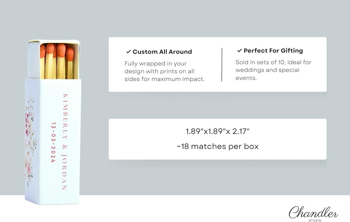 10 Boxes - Customized Matchboxes Colorful Tips (Wedding Design #5, 4" Matchboxes) (2" Matchsticks