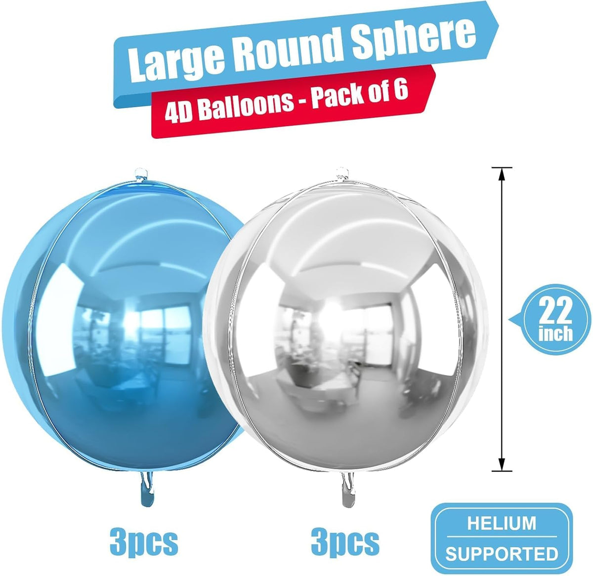 6Pcs Blue Silver Round Foil Balloons, 22inch 4D Metallic Silver Blue Balloons, Large Round Foil