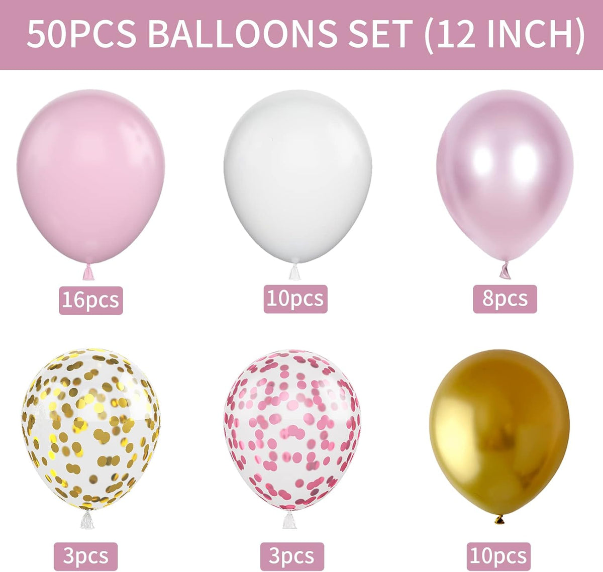 Pink and Gold Balloons, 12 Inch Pink White Metallic Chrome Gold Confetti Pink Latex Balloons with