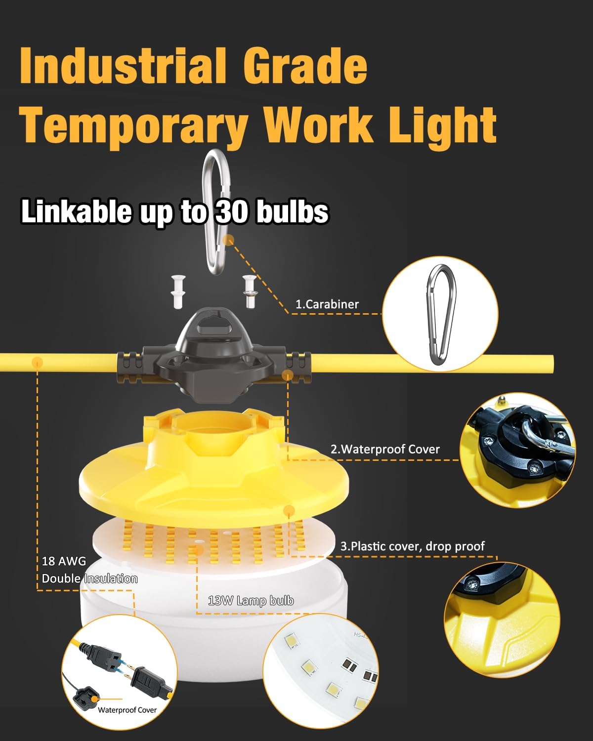 LED Construction String Light 100FT, 130W 16000Lm Industrial LED String Work Lights with 10 Bulbs
